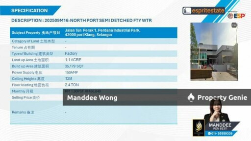 WTR/SEMI DETACHED FACTORY/35,179 SQFT/66,840/NORTH PORT/KLANG