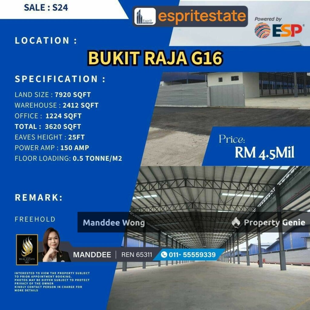 WTS/WAREHOUSE/FACTORY/2412 SQFT/4.5 MIL/BUKIT RAJA G16