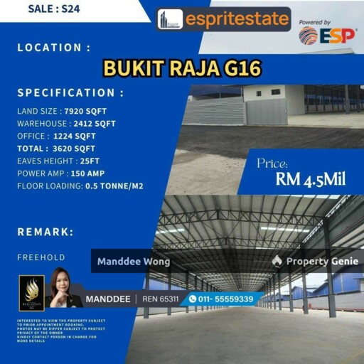 WTS/WAREHOUSE/FACTORY/2412 SQFT/4.5 MIL/BUKIT RAJA G16