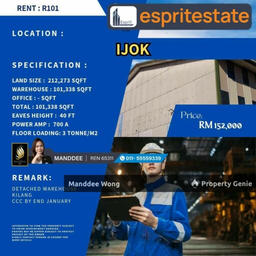WTR/DETACHED WAREHOUSE/101,338 SQFT/152K/IJOK/BESTARI JAYA
