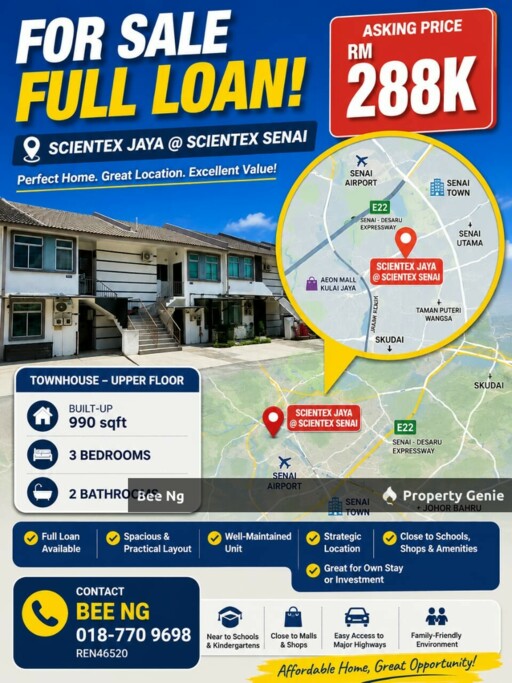 Scientex Jaya / Senai / Townhouse / Upper Floor / Full Loan