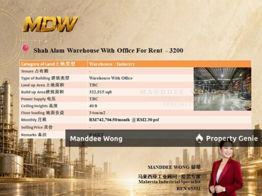 WTR/WAREHOUSE WITH OFFICE/322,915 SQFT/SHAH ALAM/SELANGOR
