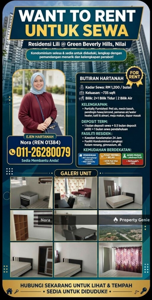 ​WANT TO RENT ​Residensi Lili @ Green Beverly Hills, Nilai Cozy Condominium Ready to Move in with Scenic Views and Full Furnishings!