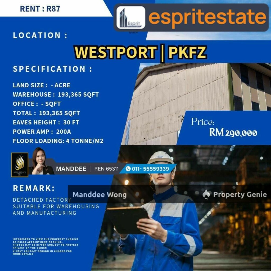 WTR/FACTORY/WAREHOUSE/193,368 SQFT/290K/WESTPORT/KLANG