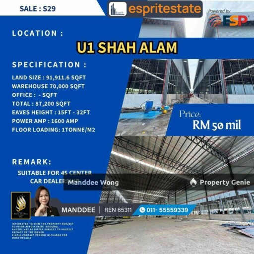 WTS/WAREHOUSE/FACTORY/70K SQFT/50 MIL/U1 GLENMARIE/SHAH ALAM