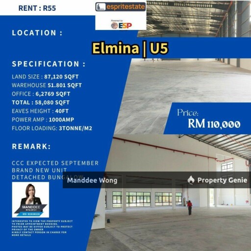 WTR/Brand New Unit/DETACHED BUNGALOW/58,080 SQFT/110K/ELMINA,U5/SUNGAI BULOH