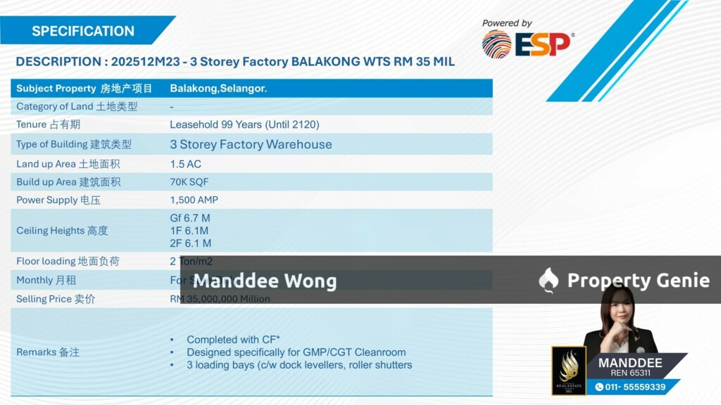 WTS/3 STOREY FACTORY/WAREHOUSE/70K SQFT/35MIL/BALAKONG