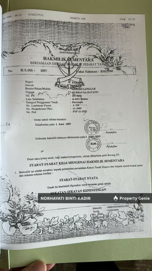 SEBIDANG TANAH KELUASAN 1 EKAR BESERTA SARANG BURUNG WALIT DI KG DURIAN SEBATANG MUKIM LANGGAR PEKAN PAHANG