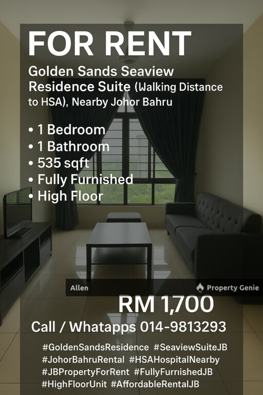 Golden Sands Seaview Residence Suite Walking Distance to HSA, Nearby Johor Bahru City