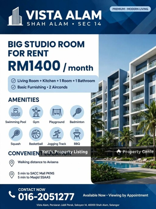 Vista Alam, Sec14 Shah Alam.Big Studio for Rent. RM1400