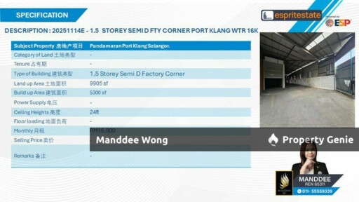 WTR/1.5 STOREY SEMI-D FACTORY CORNER/5,300 SQFT/16K/PORT KLANG