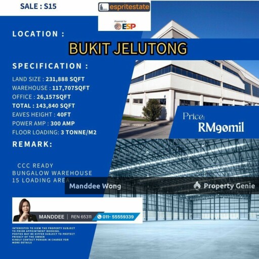 WTS/BUNGALOW WAREHOUSE/143,840 SQFT/90 MIL/BUKIT JELUTONG/SHAH ALAM