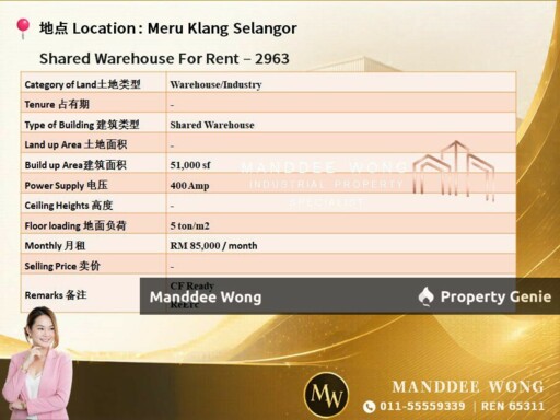 WTR/SHARED WAREHOUSE/51K SQFT/85K/MERU/KLANG/SELANGOR