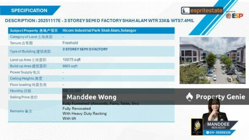 WTR/3 STOREY SEMI-D FACTORY/8,803 SQFT/33K/HICOM INDUSTRIAL PARK/SHAH ALAM