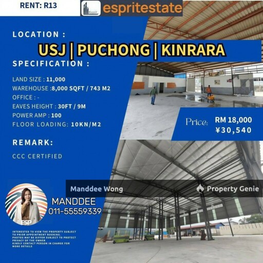 Warehouse Puchong For Rent/11,000sqf/RM18,000
