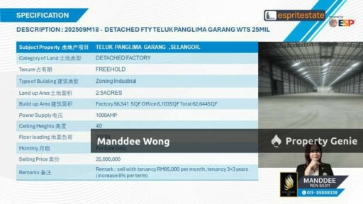 WTS/DETACHED FACTORY/62,644 SQFT/25 MIL/TELUK PANGLIMA GARANG