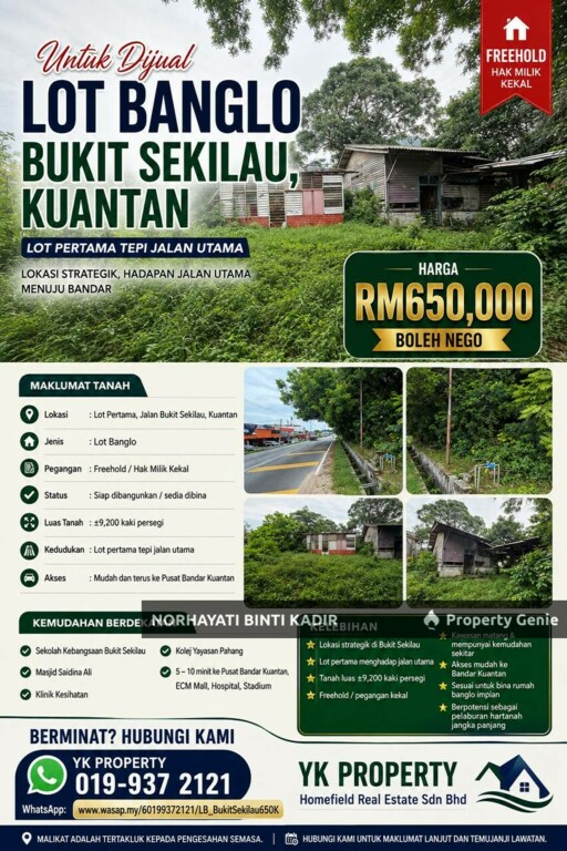 🏡 LOT BANGLO BUKIT SEKILAU, KUANTAN UNTUK DIJUAL | FREEHOLD