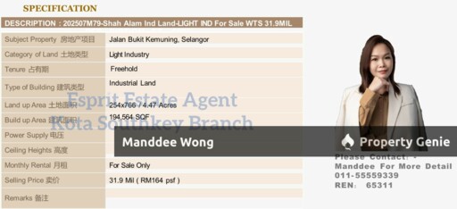 WTS/Jalan Bukit Kemuning/Light Industry/194,564 SQFT/31.9 Million
