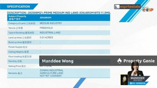 WTS/MEDIUM INDUSTRI LAND/5.01 ACRES/11.5 MIL/JENJAROM