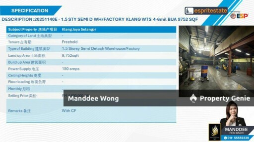 WTS/1.5 STOREY SEMI-D WAREHOUSE/FACTORY/9,752 SQFT/4.6MIL/KLANG JAYA/SELANGOR