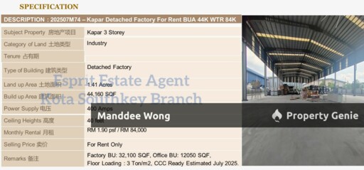 WTR/3 Storey Detached/Kapar/44,160 SQFT/84,000