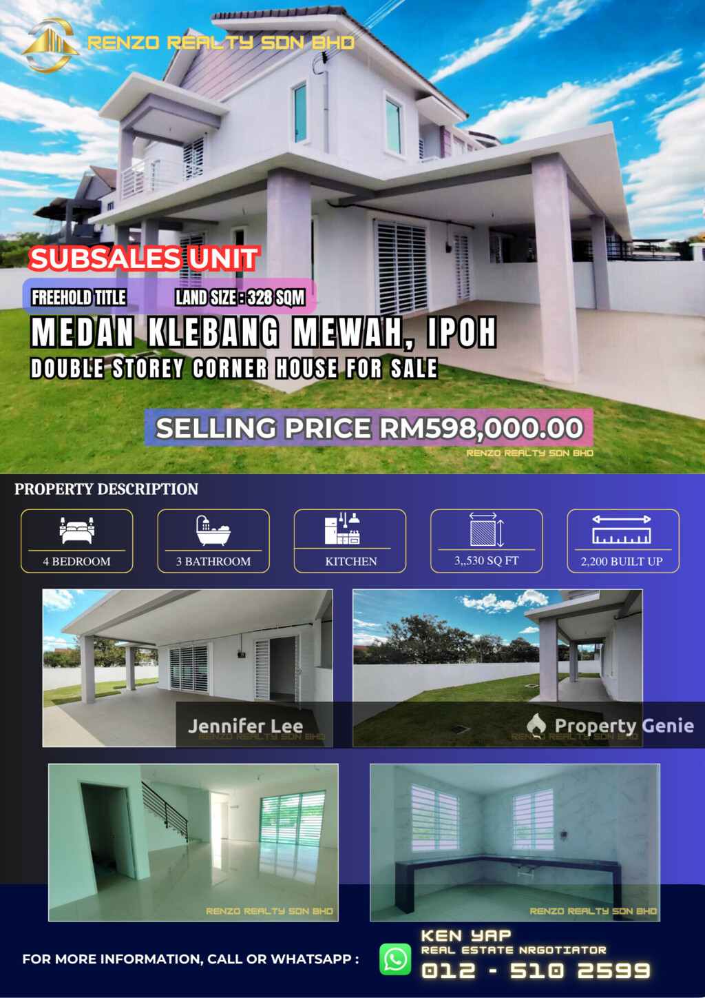 KLEBANG, IPOH FREEHOLD UNOCCUPIED DOUBLE STOREY TERRACE CORNER UNIT WITH HUGE SIDE LAND