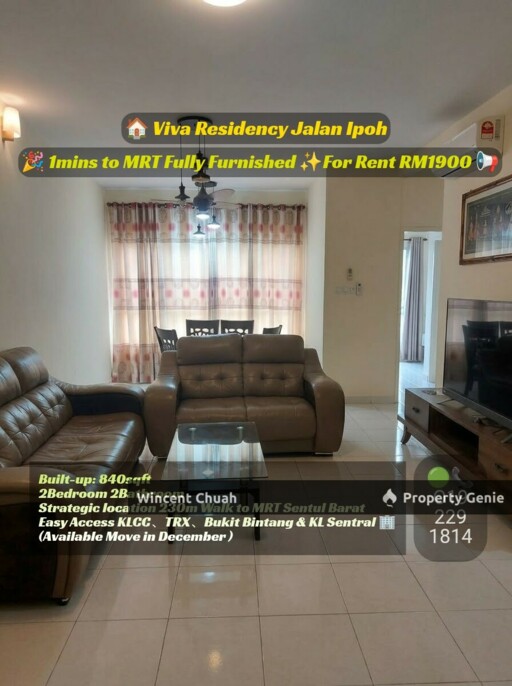 (1mins>MRT) Viva Residency, Jalan Ipoh. Fully Furnished
