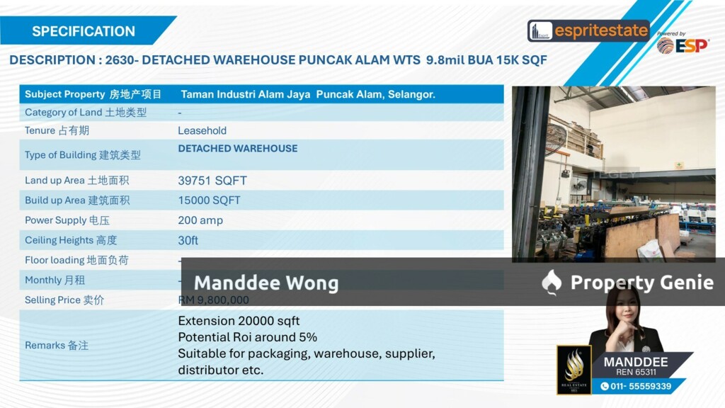 WTS/DETACHED WAREHOUSE/15K SQFT/9.8MIL/PUNCAK ALAM