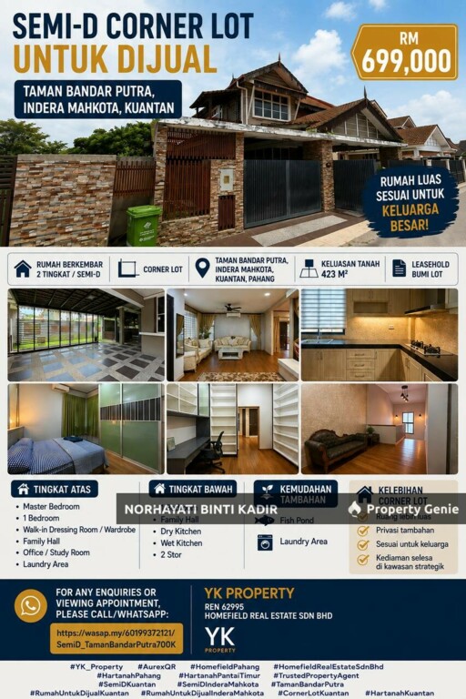 🏡 SEMI-D CORNER LOT UNTUK DIJUAL DI TAMAN BANDAR PUTRA, INDERA MAHKOTA, KUANTAN | RM700,000 🏡