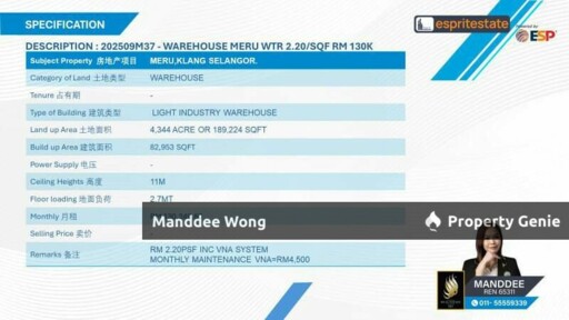 WTR/WAREHOUSE/82,953 SQFT/130,248/MERU/KLANG