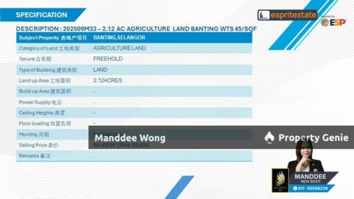 WTS/AGRICULTURE LAND/2.12 ACRES/4,155,624 MIL/BANTING