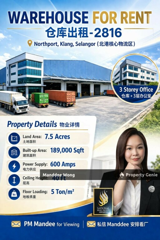WTR/WAREHOUSE WITH 3 STOREY OFFICE/189K SQFT/359,100/NORTHPORT/KLANG/SELANGOR