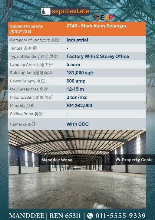 WTR/FACTORY WITH 2 STOREY OFFICE/131K SQFT/262K/SHAH ALAM