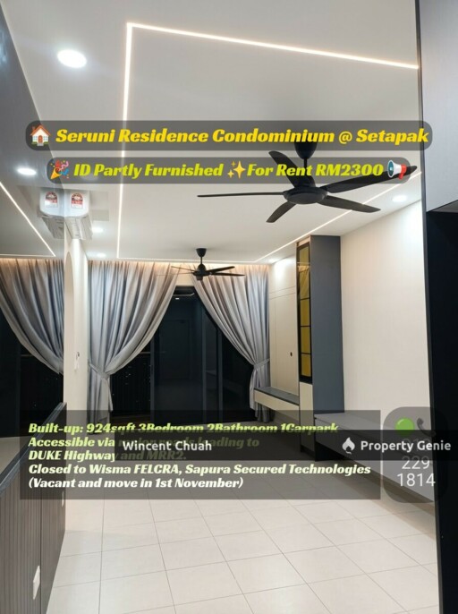 Seruni Residence Setapak For Rent | 924 sqft 3R2B ID Partly Furnished