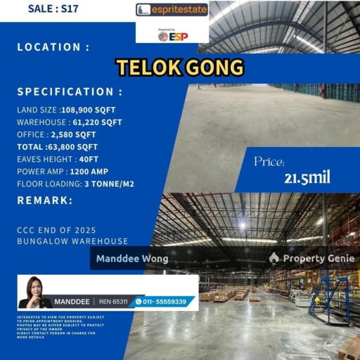 WTS/Bungalow Warehouse/Telok Gong/63,800 Sqft/21.5 Million