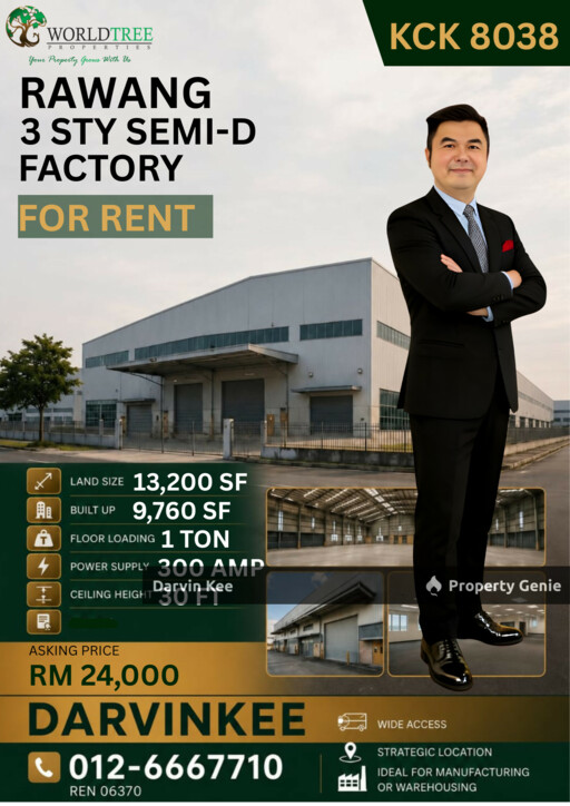RAWANG 3 STY SEMI D FACTORY FOR RENT