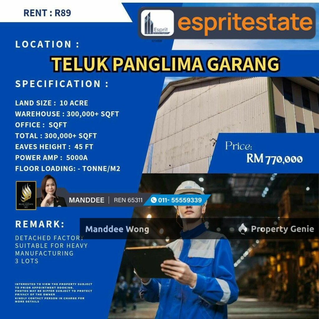 WTR/FACTORY/WAREHOUSE/300K SQFT/770K/TELUK PANGLIMA GARANG