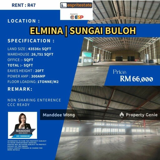 WTR/WAREHOUSE/26,751 SQFT/66K/ELMINA/SUNGAI BULOH
