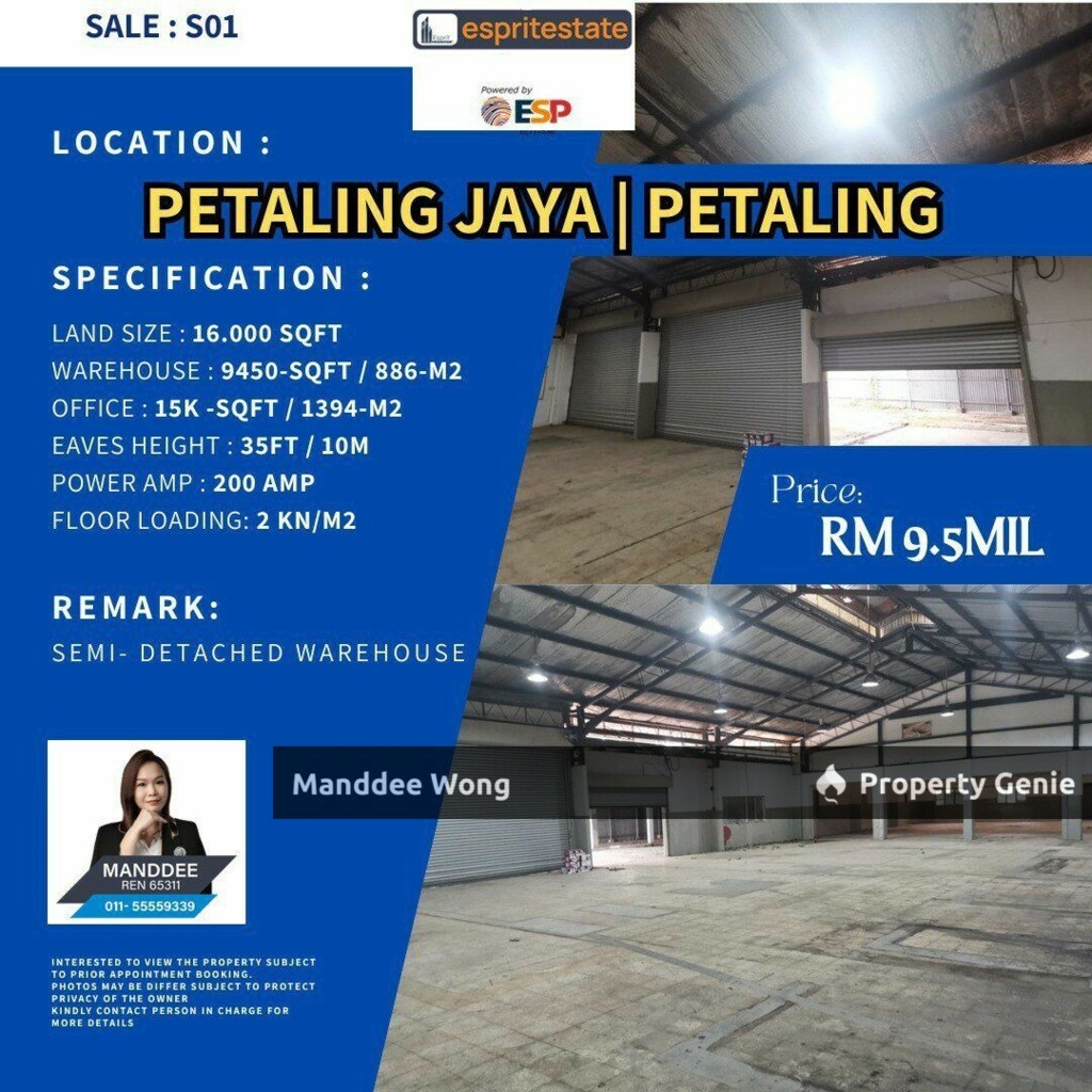 WTS/SEMI DETACHED WAREHOUSE/9450 SQFT/9.5 MIL/PETALING JAYA