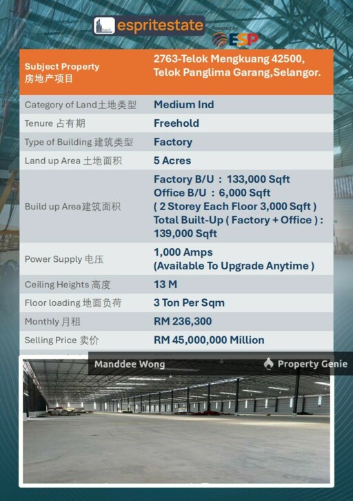 WTS/FACTORY/139K SQFT/45MIL/TELOK PANGLIMA GARANG/SELANGOR