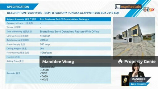 WTR/BRAND NEW SEMI-D FACTORY/7,016 SQFT/20K/ECO BUSINESS PARK V/PUNCAK ALAM