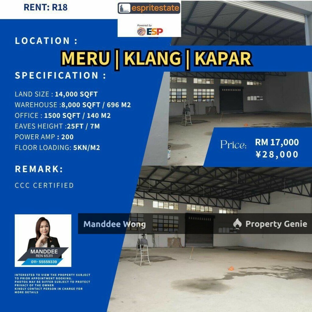 WTR/WAREHOUSE/8,000 SQFT/17,000/MERU/KAPAR/KLANG