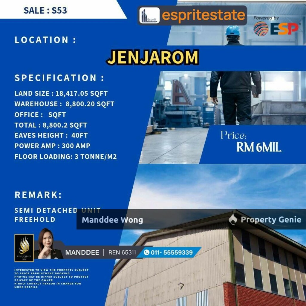 WTS/SEMI-D WAREHOUSE/FACTORY/8,800 SQFT/6 MIL/JENJAROM