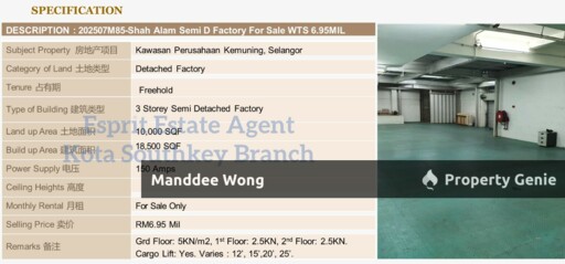 WTS/Kawasan Perusahaan Kemuning/3 Storey Semi-D/18,500 SQFT/6.95 Million