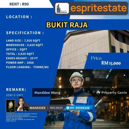 WTR/SEMI DETACHED FACTORY/WAREHOUSE/3,620 SQFT/15K/BUKIT RAJA/KLANG