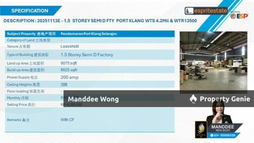 WTR/1.5 STOREY SEMI-D FACTORY/6,625 SQFT/13,500/PANDAMARAN/PORT KLANG