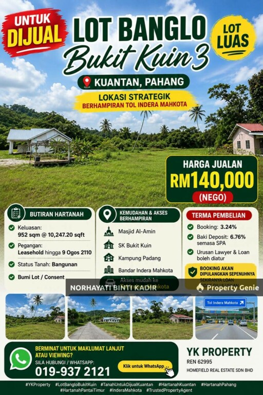 🏡 LOT BANGLO UNTUK DIJUAL DI BUKIT KUIN 3, KUANTAN, PAHANG 🏡
