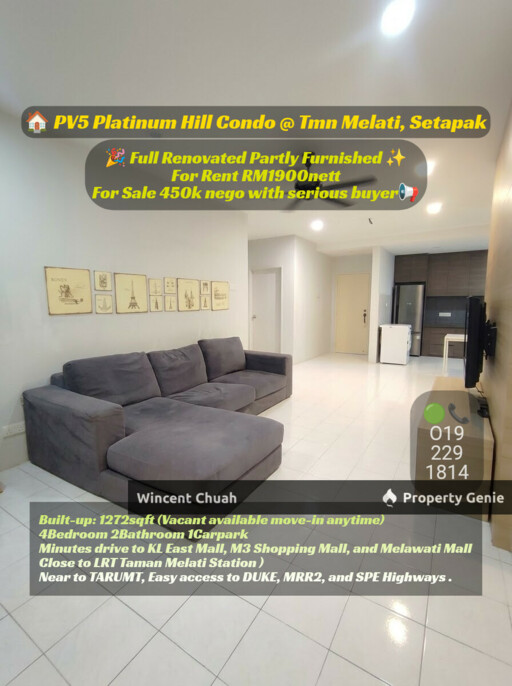 PV5 Platinum Hill Condo Setapak 4R2B For Rent / Sale | Near LRT & TARUMT