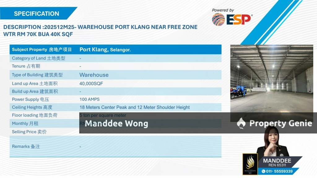 WTR/HIGH CLEARANCE WAREHOUSE/40K SQFT/70K/PORT KLANG