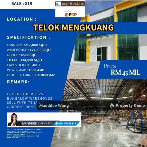 WTS/Bungalow Warehouse/Telok Mengkuang/134,000 Sqft/43 Million